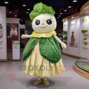 Cream Cabbage Leaf mascot costume character dressed with a Wrap Skirt and Coin purses