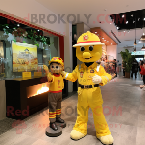 Yellow Fire Fighter mascot costume character dressed with a Polo Tee and Hairpins