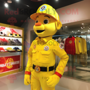 Yellow Fire Fighter mascot costume character dressed with a Polo Tee and Hairpins