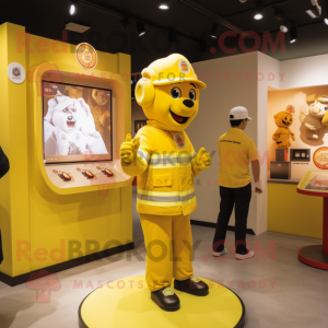 Yellow Fire Fighter mascot costume character dressed with a Polo Tee and Hairpins