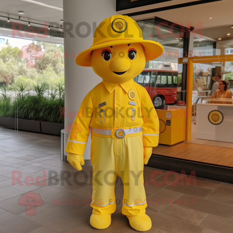 Yellow Fire Fighter mascot costume character dressed with a Polo Tee and Hairpins