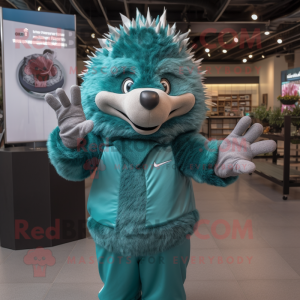 Teal Hedgehog mascot costume character dressed with a V-Neck Tee and Gloves
