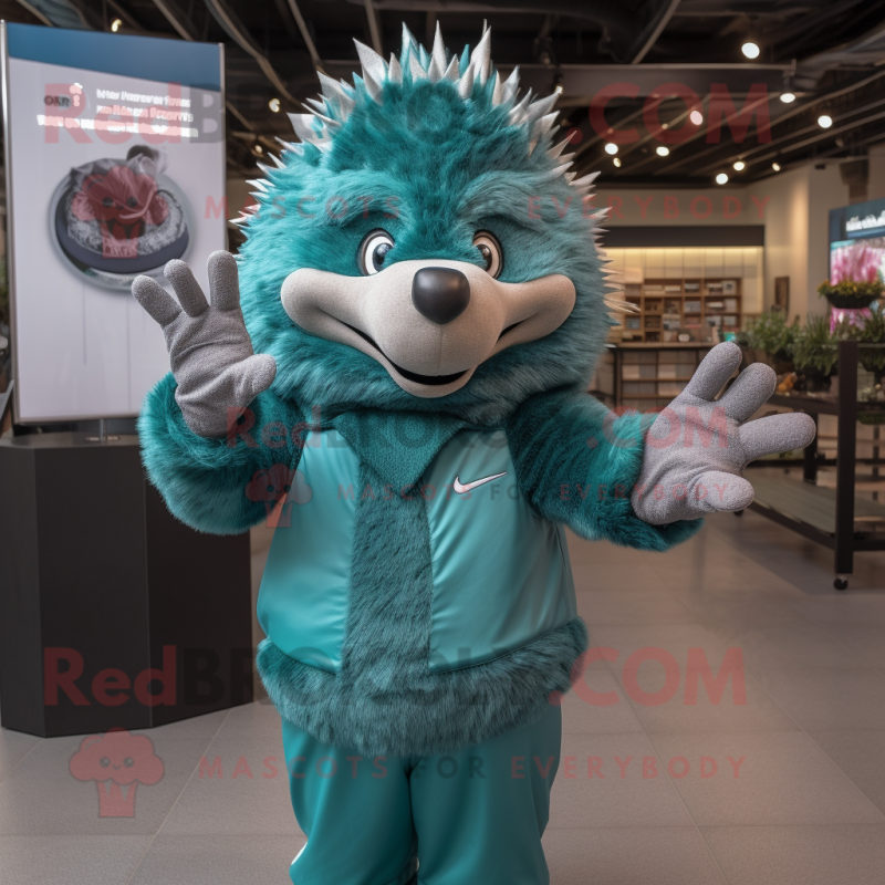 Teal Hedgehog mascot costume character dressed with a V-Neck Tee and Gloves Teal Hedgehog mascot costume character dressed with a V-Neck Tee and Gloves