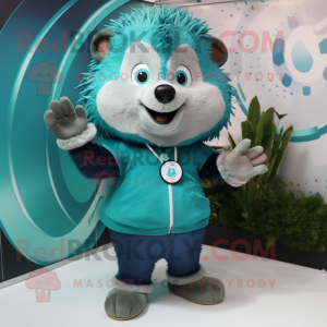 Teal Hedgehog mascot costume character dressed with a V-Neck Tee and Gloves