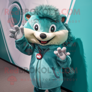 Teal Hedgehog mascot costume character dressed with a V-Neck Tee and Gloves