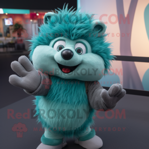 Teal Hedgehog mascot costume character dressed with a V-Neck Tee and Gloves