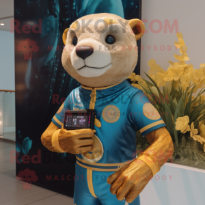 Gold Otter mascot costume character dressed with a Rash Guard and Digital watches