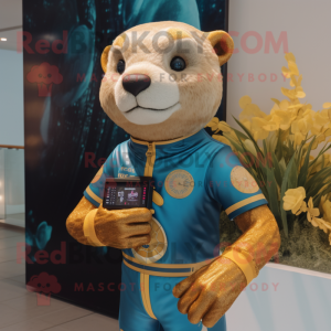 Gold Otter maskot kostume...