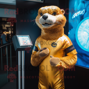 Gold Otter mascot costume character dressed with a Rash Guard and Digital watches