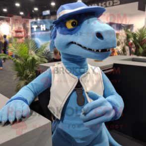 Sky Blue Deinonychus mascot costume character dressed with a Sweater and Suspenders