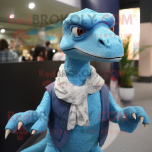 Sky Blue Deinonychus mascot costume character dressed with a Sweater and Suspenders