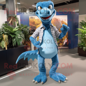 Sky Blue Deinonychus mascot costume character dressed with a Sweater and Suspenders