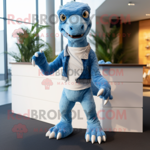 Sky Blue Deinonychus mascot costume character dressed with a Sweater and Suspenders