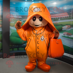 Orange Baseball Glove mascot costume character dressed with a Raincoat and Handbags