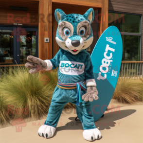 Teal Bobcat mascot costume character dressed with a Board Shorts and Headbands