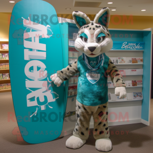 Teal Bobcat mascot costume character dressed with a Board Shorts and Headbands