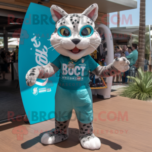 Teal Bobcat mascot costume character dressed with a Board Shorts and Headbands