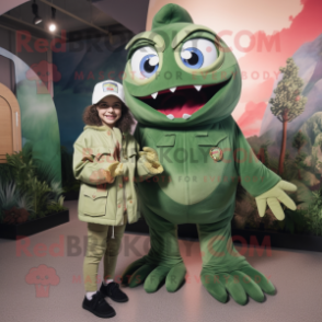 Forest Green Piranha mascot costume character dressed with a Mom Jeans and Berets