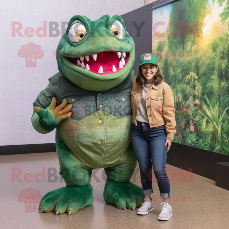 Forest Green Piranha mascot costume character dressed with a Mom Jeans and Berets Forest Green Piranha mascot costume character dressed with a Mom Jeans and Berets