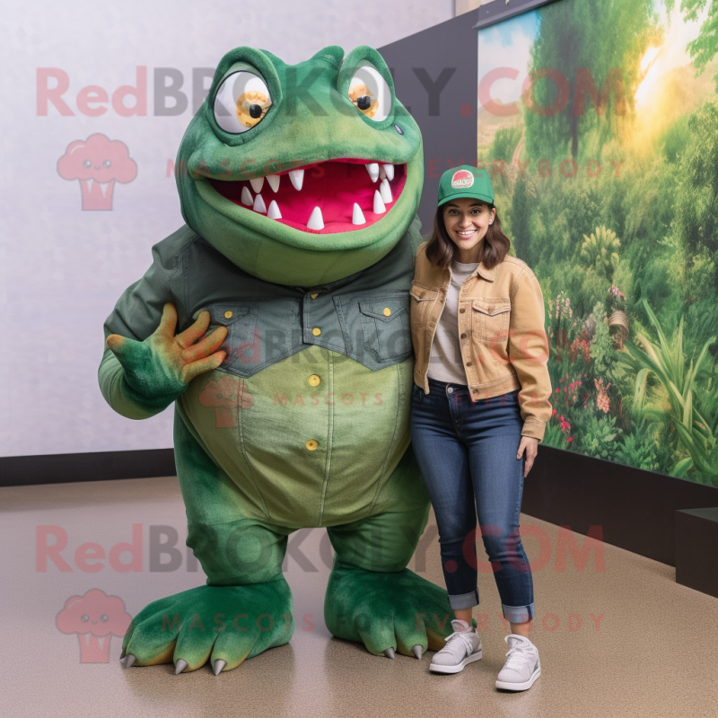 Forest Green Piranha mascot costume character dressed with a Mom Jeans and Berets