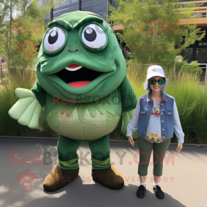 Forest Green Piranha mascot costume character dressed with a Mom Jeans and Berets