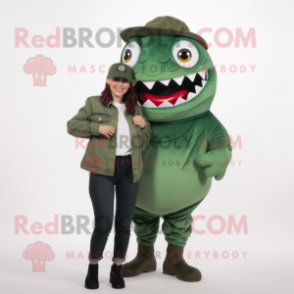 Forest Green Piranha mascot costume character dressed with a Mom Jeans and Berets