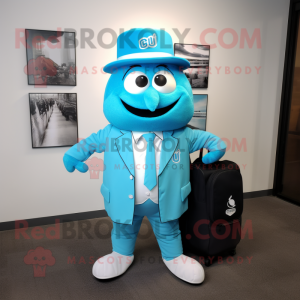 Cyan Golf Bag mascot costume character dressed with a Suit Jacket and Caps