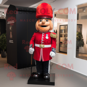 Red British Royal Guard mascot costume character dressed with a Dress Pants and Scarf clips