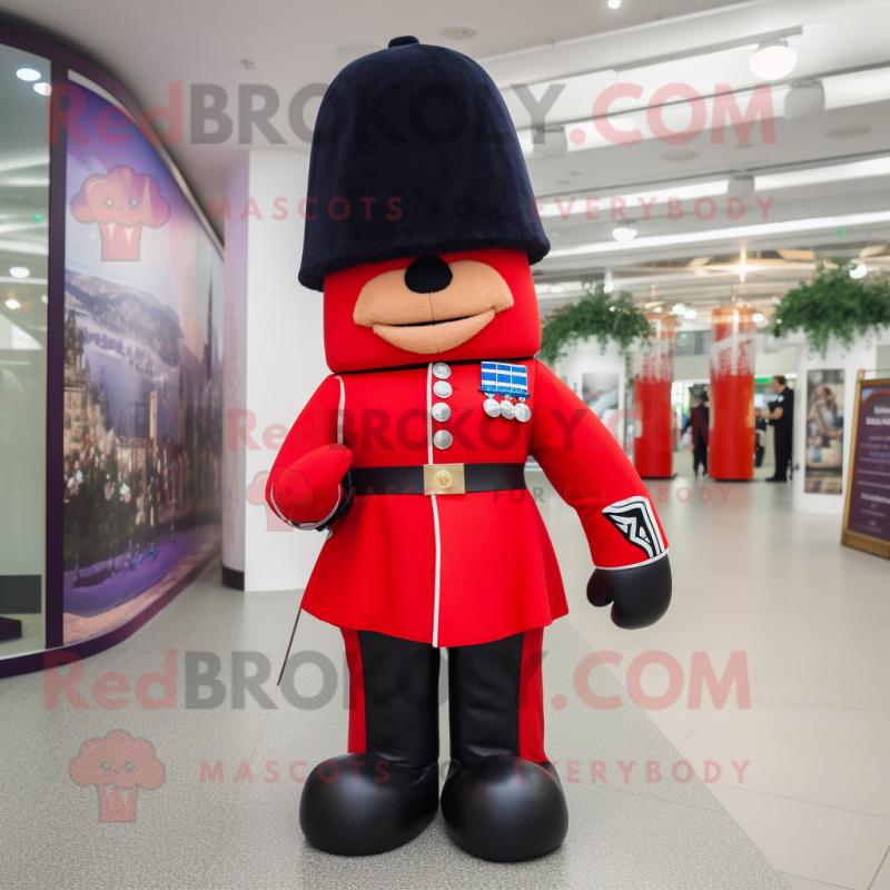 Red British Royal Guard mascot costume character dressed with a Dress Pants and Scarf clips