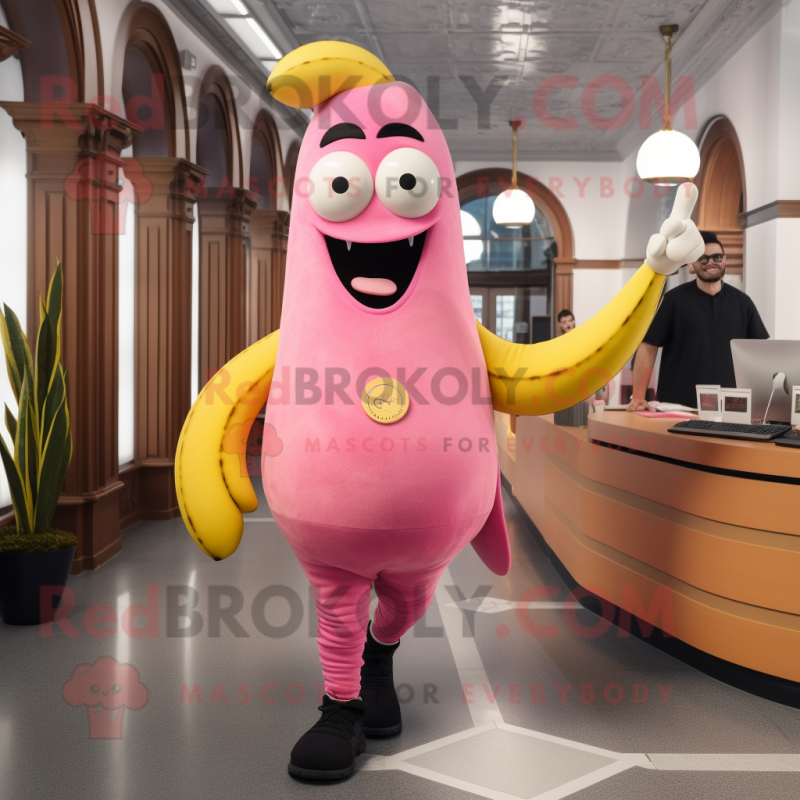 Pink Banana mascot costume character dressed with a Henley Tee and Cufflinks