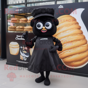 Black Croissant mascot costume character dressed with a Dress and Eyeglasses