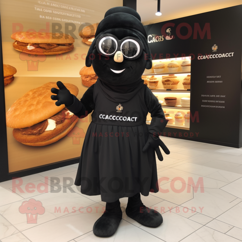 Black Croissant mascot costume character dressed with a Dress and Eyeglasses Black Croissant mascot costume character dressed with a Dress and Eyeglasses