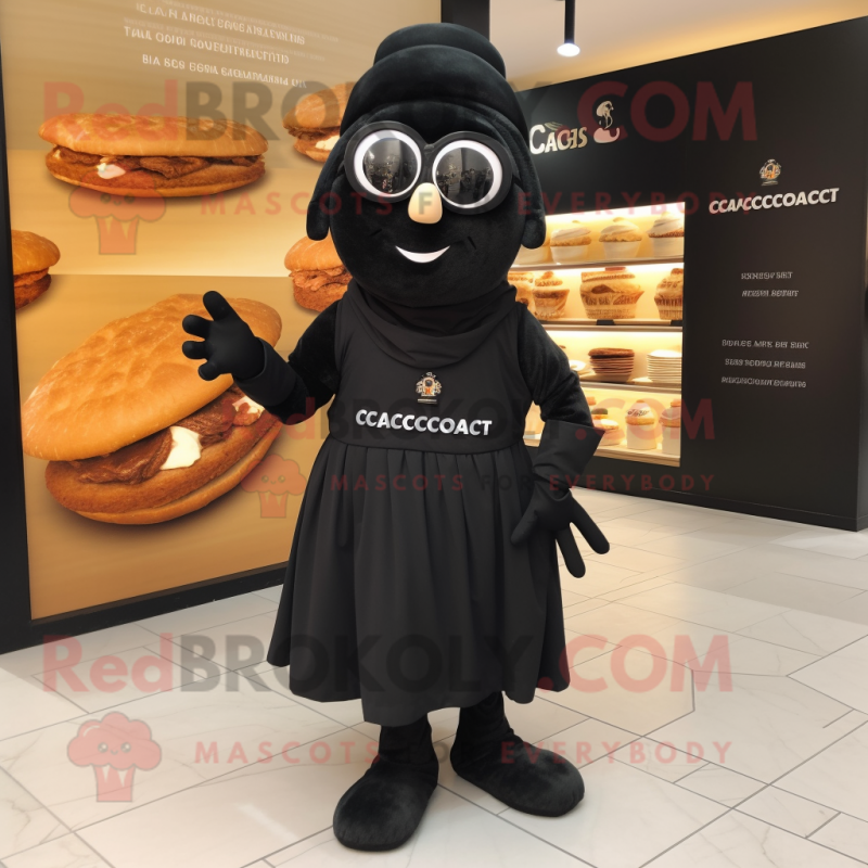 Black Croissant mascot costume character dressed with a Dress and Eyeglasses