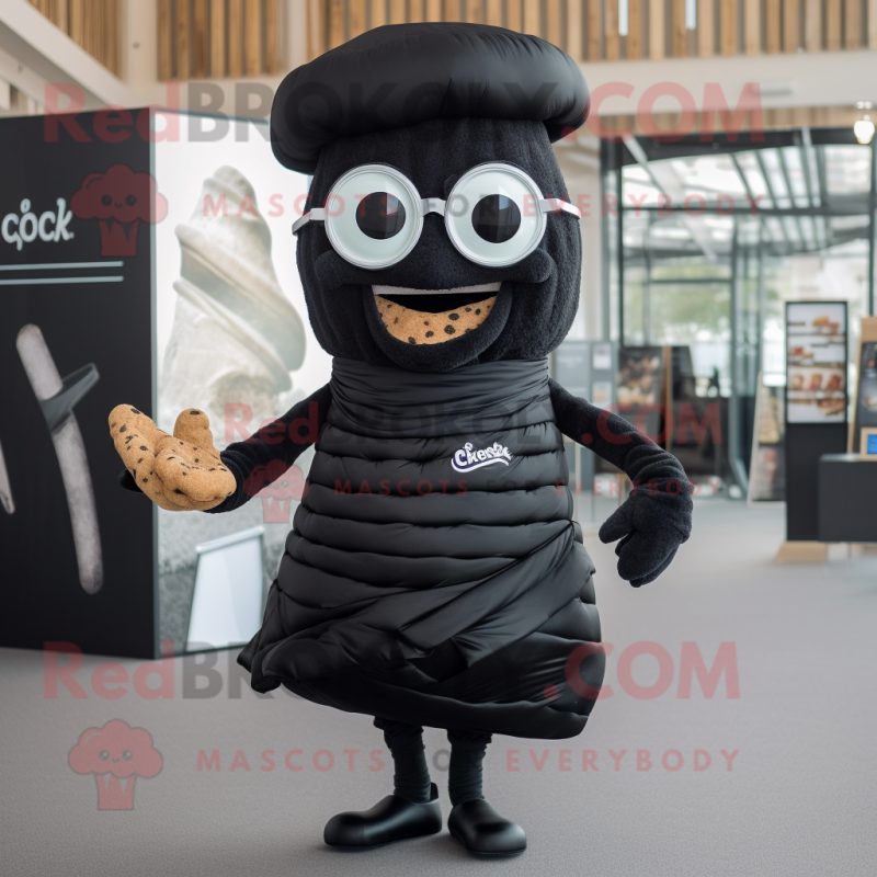 Black Croissant mascot costume character dressed with a Dress and Eyeglasses