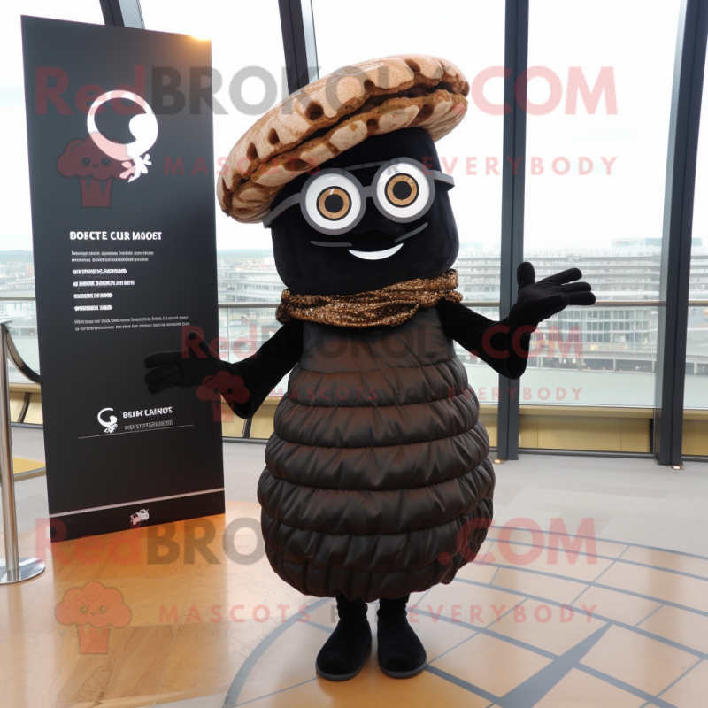 Black Croissant mascot costume character dressed with a Dress and Eyeglasses Black Croissant mascot costume character dressed with a Dress and Eyeglasses