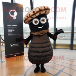 Black Croissant mascot costume character dressed with a Dress and Eyeglasses