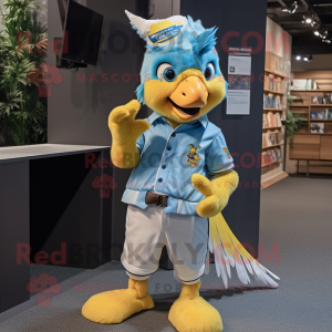 Yellow Blue Jay mascot costume character dressed with a Button-Up Shirt and Hair clips