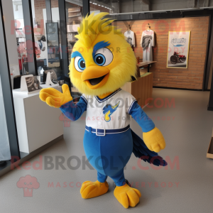 Yellow Blue Jay mascot costume character dressed with a Button-Up Shirt and Hair clips