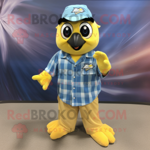 Yellow Blue Jay mascot costume character dressed with a Button-Up Shirt and Hair clips