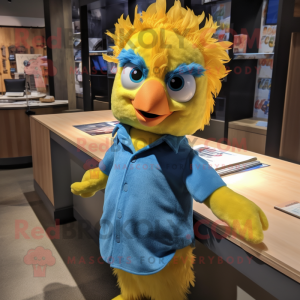 Yellow Blue Jay mascot costume character dressed with a Button-Up Shirt and Hair clips