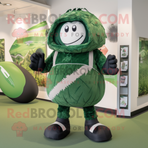 Forest Green Rugby Ball mascot costume character dressed with a Bermuda Shorts and Wraps