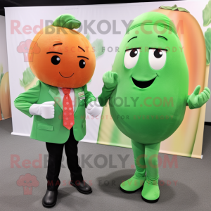 Peach Green Bean mascot costume character dressed with a Shift Dress and Cufflinks