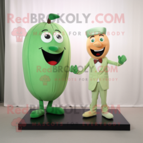 Peach Green Bean mascot costume character dressed with a Shift Dress and Cufflinks