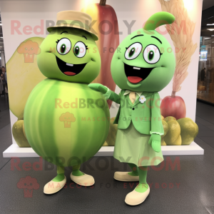 Peach Green Bean mascot costume character dressed with a Shift Dress and Cufflinks