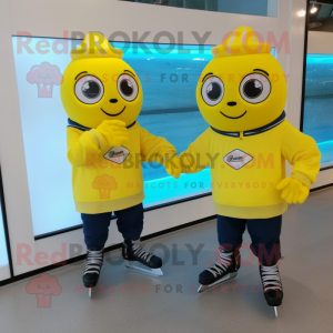 Lemon Yellow Pair Of Ice Skates mascot costume character dressed with a Capri Pants and Belts