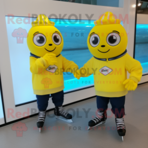 Lemon Yellow Pair Of Ice Skates mascot costume character dressed with a Capri Pants and Belts