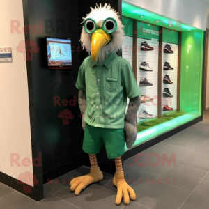 Forest Green Vulture mascot costume character dressed with a Board Shorts and Shoe laces