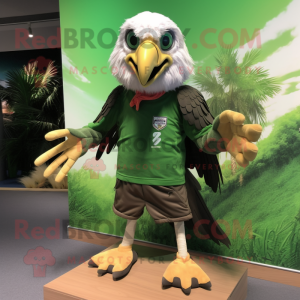 Forest Green Vulture mascot costume character dressed with a Board Shorts and Shoe laces