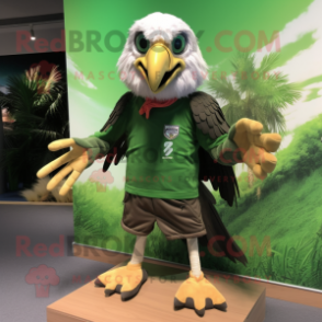 Forest Green Vulture mascot costume character dressed with a Board Shorts and Shoe laces