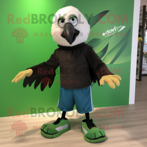 Forest Green Vulture mascot costume character dressed with a Board Shorts and Shoe laces